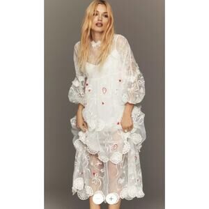 Maeve Sheer 3D Floral V-Neck Maxi Dress Ivory Pink & Red Hearts Sz Small NWT